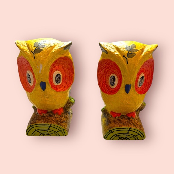 Vintage Other - Whimsical Yellow and Orange Owl Bookends Decor Accents